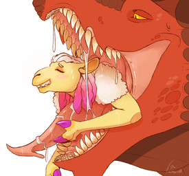 almost_fully_inside ambiguous_form ambiguous_gender ambiguous_pred anthro bodily_fluids brown_body dreadlocks dripping duo eyes_closed female fur gradient_hair grin hair in_mouth larger_pred male male/ambiguous male_prey mouth_shot open_mouth open_smile oral_vore orange_sclera partially_inside pink_hair red_body red_scales saliva saliva_drip saliva_on_tongue scales sharp_teeth simple_background size_difference smile tan_body teeth vore white_background white_body white_fur white_hair white_wool wool_(fur) yellow_eyes swampjaws mythology morem_(imperator_caesar) bloodscale_(imperatorcaesar) bovid caprine dragon mammal mythological_creature mythological_scalie scalie sheep signature