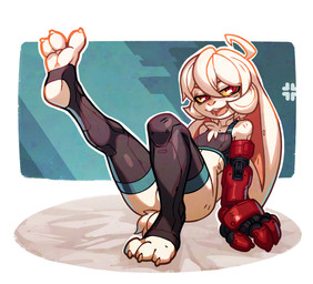 3_toes ahoge anthro bedroom_eyes big_ears biped blush bottomless breasts buckteeth clothed clothing cybernetic_arm cybernetic_limb feet female female_anthro floppy_ears fluffy fluffy_chest foot_focus footwear fur hair legwear looking_at_viewer narrowed_eyes open_mouth pose red_eyes seductive small_breasts smile socks soles solo stirrup_socks teeth thigh_highs toeless_legwear toes white_body white_fur yellow_sclera polygoncherub clover_(polygoncherub) lagomorph leporid mammal rabbit colored detailed digital_drawing_(artwork) digital_media_(artwork) full-length_portrait hi_res pinup portrait shaded