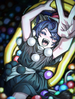 ball_pit black_clothing black_dress black_ears black_tail_tuft blue_eyes blue_hair clothing dress female gesture hair hand_gesture high-angle_view looking_at_viewer lying narrowed_eyes on_back open_mouth sharp_teeth slide solo tail tail_tuft teeth tongue tuft v_sign white_tail aonorikani3ba touhou doremy_sweet animal_humanoid humanoid mammal mammal_humanoid tapir tapir_humanoid 2026 3:4 hi_res