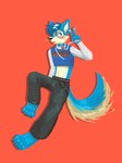 anthro big_feet blep blue_body blush bottomwear clothing collar crop_hoodie denim denim_bottomwear denim_clothing eyewear feet fluffy fluffy_tail glasses heart_symbol jeans looking_at_viewer male pants pawpads paws pink_pawpads raised_hand smile solo standing tail tan_body tongue tongue_out soulfullhyena tyler.py canid canine canis domestic_dog husky mammal nordic_sled_dog spitz 3:4 hi_res