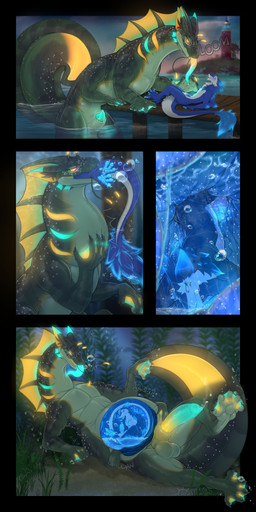 anthro aroused balls bioluminescence blue_body blush bodily_fluids bubble duo erection feet feral fin fur genital_fluids genitals gills glowing internal male masturbation membrane_(anatomy) nude paws penis precum seaweed soft_vore swallowing tail toes tongue tongue_out underwater vore water webbed_feet white_body white_fur shade_okami mythology fanven_techar aquatic aquatic_dragon dragon mythological_creature mythological_scalie scalie sergal 1:2 absurd_res comic hi_res