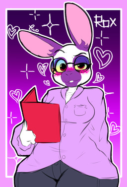 anthro big_breasts big_ears black_bottomwear black_clothing black_pants blush book bottomwear breasts buckteeth clothing collared_shirt dress_shirt eyewear female glasses heart_symbol holding_object looking_at_viewer one_eye_half-closed pants pink_clothing pink_shirt pink_topwear shirt solo teeth topwear wide_hips xeloartz rocio_(rocio_violeta24) lagomorph leporid mammal rabbit absurd_res hi_res sketch