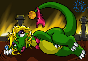 anthro belly big_belly bottomless breasts claws clothed clothing diamond_ring featureless_crotch female flat_chested lipstick makeup non-mammal_breasts overweight overweight_anthro overweight_female raised_tail small_breasts solo swimwear tail toe_claws two-piece_swimsuit wide_hips la_fruta_prohibida wario_world dinomighty dinosaur prehistoric_species reptile scalie