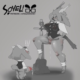 anthro big_breasts big_penis bodily_fluids breasts female genital_fluids genitals larger_female male penis precum shocked size_difference slightly_chubby slightly_chubby_female surprised vaginal_fluids soyeleyevrows pseudoregalia butler_(pseudoregalia) sybil_(pseudoregalia) bovid caprine goat mammal 1:1 hi_res