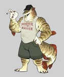 anthro bottomwear cigarette claws clothing fin fish gills hand_on_hip hat hat_over_eyes headgear headwear hi_res male male_anthro marine muscular muscular_anthro muscular_male scar sharp_teeth shirt shorts tail tail_fin tank_top teeth thick_tail topwear twistedhound