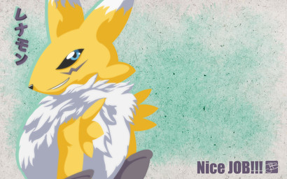 ambiguous_gender anthro armwear black_sclera blue_eyes clothing countershading dipstick_tail facial_markings fur head_markings looking_at_viewer looking_back markings neck_tuft purple_armwear purple_clothing simple_background smile smiling_at_viewer smirk smirking_at_viewer solo tail tail_markings textured_background tuft white_body white_countershading yellow_body yellow_fur gurudj bandai_namco digimon canid digimon_(species) mammal renamon 16:10 bust_portrait hi_res portrait widescreen