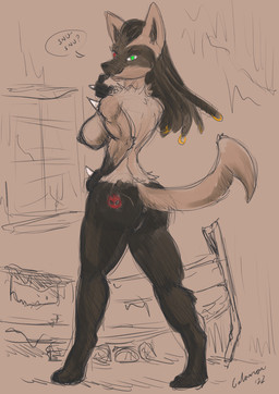 anthro anus areola bed breasts butt butt_tattoo chest_spike dreadlocks female furniture genitals green_eyes hand_spike heterochromia nipples nude pokemorph post-apocalyptic red_eyes solo speech_bubble spikes spikes_(anatomy) standing tattoo vulva window s-nina fallout fallout:_pca microsoft nintendo pokemon alpha_pokemon canid generation_4_pokemon lucario mammal pokemon_(species) 2022 crossover hi_res signature