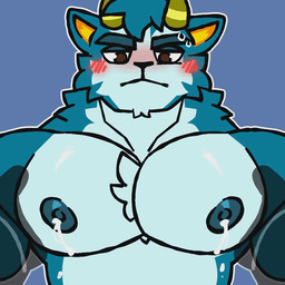 anthro antlers areola big_muscles big_pecs blue_body blue_fur blush bodily_fluids brown_eyes chest_tuft countershade_fur countershading dark_nipples disembodied_hand fur glistening glistening_body grope gushing half-closed_eyes horn lactating looking_at_viewer male male_lactation mature_male milk muscular muscular_male narrowed_eyes nipples nude pec_grab pecs simple_background solo_focus sweat tuft wince dergthedragon animal_crossing nintendo bruce_(animal_crossing) deer mammal 2d_animation animated loop