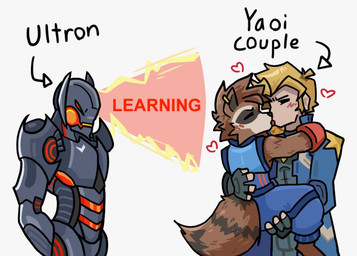 anthro blonde_hair brown_body brown_fur fur group hair humor kissing male male/male trio zane0744 guardians_of_the_galaxy marvel marvel_rivals peter_quill rocket_raccoon ultron human humanoid mammal procyonid raccoon