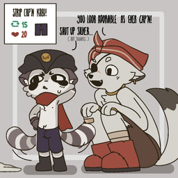 age_difference anthro black_eyes boots bottomwear clothed clothing duo embarrassed eye_patch eyewear footwear fur gloves grey_body grey_fur handwear like_goal male markings nipples pirate pirate_hat praise retweet_goal scarf shoes shorts simple_background size_difference strip_game striped_markings striped_tail stripes tail tail_markings tail_motion tailwag text undressing young young_anthro young_male younger_male capnkabi kabi_(capnkabi) silver_(capnkabi) canid canine fox mammal procyonid raccoon 1:1 colored english_text