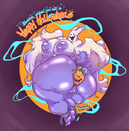 anklet areola big_breasts big_butt blush bodily_fluids breasts butt female food fruit genital_fluids genitals holidays huge_butt hyper hyper_butt jack-o'-lantern jewelry nipples plant pumpkin solo tail vaginal_fluids vulva kanogetz halloween ghost spirit undead hi_res