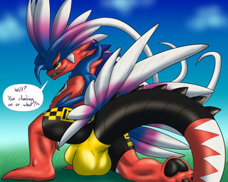 anthro anus anus_outline balls big_balls big_bulge big_penis big_tail bottomwear bulge butt claws clothed clothing commercial_vehicle detailed_bulge dialogue feathers feet fur genitals grin half-closed_eyes huge_balls huge_bulge huge_penis inviting inviting_viewer kneeling kneeling_on_ground looking_at_viewer looking_back looking_over_shoulders male narrowed_eyes offering_to_another offering_to_viewer on_one_knee pawpads paws penis presenting raised_tail rear_view revealing_outfit seductive shorts skimpy smile soles solo spread_legs spreading sultry_gaze tail tailbutt talking_to_viewer taxicab tight_bottomwear tight_bulges tight_clothing tight_shorts tight_underwear underwear vehicle conditional_dnp flameyverdantfire samagthrav2 nintendo pokemon ancient_pokemon apex_build_koraidon generation_9_pokemon koraidon legendary_pokemon paradox_pokemon pokemon_(species) 5:4 hi_res