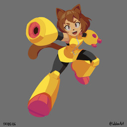 anthro arm_cannon breasts brown_body brown_hair clothing female hair magenta_eyes open_mouth solo teeth weapon_arm whiskers wolno gameoverse glitch_productions kit_bodega domestic_cat felid feline felis mammal 1:1 2026 hi_res