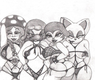 anthro areola areola_slip beak big_breasts big_butt blush bottomwear bow_tie bra bracelet braided_hair breasts butt clothing eyelashes eyeshadow female fishnet_bottomwear fishnet_clothing fishnet_topwear fungus group hair hand_on_hip holidays holly_(plant) holly_bra jewelry lips lipstick long_hair looking_at_another looking_at_viewer makeup mushroom navel navel_piercing nipple_outline nipples one-piece_swimsuit one_eye_closed piercing pigtails plant simple_background sling_bikini smile spiked_bracelet spikes swimwear topwear twin_braids underwear white_background sonicsfan81 christmas daigasso_band_brothers mario_bros nintendo sega sonic_the_hedgehog_(series) barbara_the_bat lady_silver rouge_the_bat toadette bat humanoid koopa mammal scalie toad_(mario) 2011 monochrome traditional_media_(artwork)