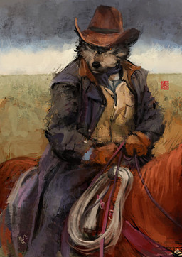 anthro clothed clothing duo feral hat headgear headwear male mount riding saddle solo_focus straddling racoonwolf canid canine canis equid equine horse mammal wolf digital_media_(artwork) digital_painting_(artwork) painting_(artwork) warm_colors
