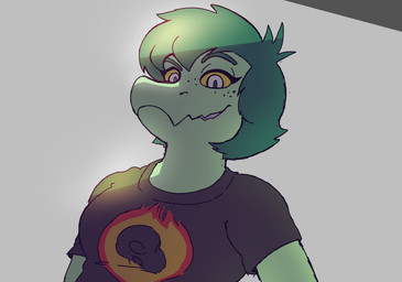 anthro biped black_clothing black_shirt black_topwear breasts clothing female freckled_face freckles front_view green_body green_hair grey_background grey_eyes hair looking_at_viewer looking_down low-angle_view medium_breasts medium_hair non-mammal_breasts shirt simple_background smile smirk solo topwear yellow_sclera ok-nobody-3893 cavemanon_studios i_wani_hug_that_gator olivia_halford baryonyx dinosaur prehistoric_species reptile saurischian scalie spinosaurid theropod 2025 colored digital_media_(artwork) krita_(artwork) shaded
