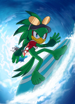 5_fingers 5_toes action_pose anthro barefoot beak blue_eyes bottomless bottomless_anthro bottomless_male chest_tuft clothed clothing eyewear eyewear_on_head featureless_crotch feet fingers green_body hat headgear headwear looking_at_viewer male pose solo sunglasses sunglasses_on_head surfboard surfing toes tuft water wave yellow_beak zimakum sega sonic_riders sonic_the_hedgehog_(series) jet_the_hawk accipitrid accipitriform avian bird absurd_res hi_res