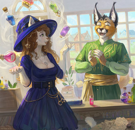 anthro belt blue_clothing blue_dress brown_hair clothing day detailed_background dress duo eyes_closed female fur green_clothing hair hat headgear headwear inside magic male occult_symbol pentagram potion_bottle smile store symbol white_body white_fur window witch_hat yellow_body yellow_fur devergilia lyubov_(devergilia) felid feline lynx mammal 2024 hi_res
