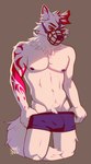 anthro athletic athletic_male bulge cage_muzzle clothed clothing detailed_bulge eyebrows eyelashes fur genital_outline hair male muzzle_(object) muzzled penis_outline pose red_eyes solo suggestive teasing topless undressing wire_basket_muzzle junebuq canid canine mammal 2021 digital_media_(artwork) hi_res pinup