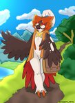 anthro beak clothing cloud day detailed_background feathered_wings feathers feet front_view grass hat headgear headwear lake looking_up mountain open_mouth orange_eyes outside path plant red_tail_feathers sky solo talons text toes tree water winged_arms wings conditional_dnp ineedanaccount nintendo pokemon ruffles_(character) avian generation_8_pokemon hisuian_decidueye hisuian_form pokemon_(species) regional_form_(pokemon) absurd_res artist_name digital_drawing_(artwork) digital_media_(artwork) english_text hi_res shaded simple_shading