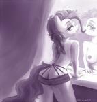 anthro anthrofied breasts butt clothed clothing cutie_mark female hair half-closed_eyes inside looking_at_viewer looking_back mirror narrowed_eyes nipples rear_view solo topless obsidianlit friendship_is_magic hasbro my_little_pony pinkie_pie_(mlp) earth_pony equid equine horse mammal pony 2014 monochrome