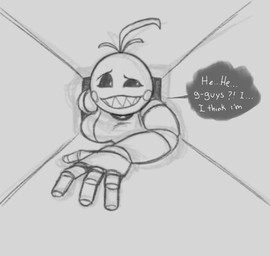 anthro beakless bib big_breasts breasts dialogue ellipsis exclamation_point female interrobang lying machine non-mammal_breasts on_front question_mark smile solo speech_bubble stuck_in_vent text through_wall dangodanger five_nights_at_freddy's five_nights_at_freddy's_2 scottgames toy_chica_(fnaf) animatronic avian bird chicken galliform phasianid robot 2021 digital_media_(artwork) english_text monochrome