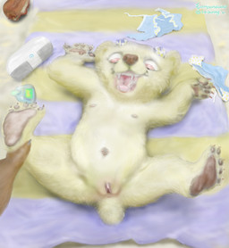 accessory ankle_grab anthro belly bikini black_claws blue_bikini blue_clothing blue_swimwear bow_ribbon brown_claws brown_eyes brown_nose brown_pawpads claws clitoral_hood clitoris clothing detailed_background detailed_fur discarded_bikini disembodied_hand duo fangs feet female female_focus flat_chested frilly frilly_bikini frilly_clothing frilly_swimwear front_view fur genitals hair_accessory hair_bow hair_ribbon happy high-angle_view leg_grab loli looking_at_viewer looking_up lying navel neonate nipples nude on_back on_ground on_towel open_mouth open_smile outside pattern_towel pawpads plantigrade ribbons short_tail smile soles solo_focus speaker spread_legs spreading striped_towel stripes swimwear tail tail_anus teeth towel twin_bows two-piece_swimsuit vulva yellow_body yellow_fur young young_anthro toothandclaw nilla_(urbansaint) aquatic bear echinoderm echinozoan mammal sea_cucumber 2021 absurd_res colored detailed hi_res