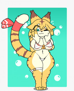3_toes anthro areola areola_slip big_breasts big_tail bikini bodily_fluids breast_squish breasts brown_body brown_fur bubble bulging_breasts camel_toe chest_tuft cleavage cleavage_overflow clothed clothing dipstick_ears dipstick_tail ear_markings eyebrow_through_hair eyebrows feet female fur gradient_background green_eyes hair hands_behind_back huge_breasts ineffective_clothing kerchief markings multicolored_ears nervous nipple_outline nipples one_eye_closed pupils shaking shortstack shortstack_female simple_background solo squish stripes sweat sweatdrop swimwear tail tail_markings thick_thighs toes translucent translucent_hair tuft two-piece_swimsuit undersized_clothing wide_hips yellow_body yellow_fur lynxafterd4rk cygames world_flipper mia_(world_flipper) felid mammal pantherine tiger 2025 digital_media_(artwork) hi_res