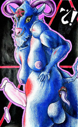 animal_genitalia animal_penis anthro balls bodily_fluids breasts butt equine_genitalia equine_penis genital_fluids genitals herm intersex nipples penis precum satanic_symbol solo tongue marthan_crowl_(artist) bovid caprine caprine_demon demon goat_demon mammal absurd_res hi_res
