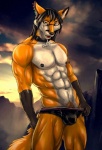 abs anthro biceps biped black_body black_fur black_hair black_nipples black_nose brown_eyes bulge clothed clothing collar ear_piercing eyewear fur glasses hair looking_at_viewer male muscular muscular_anthro muscular_male nipple_piercing nipples open_mouth orange_body orange_fur orange_pubes orange_tail pecs piercing pose pubes smile solo standing tail teeth topless underwear white_body white_fur bleakcat todd_(ttrf) canid canine fox mammal red_fox true_fox 2015 pinup