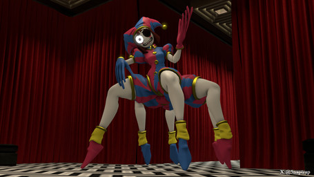 6_legs blue_clothing clothing curtains female fool's_hat golden_clothing hat headgear headwear jester jester_outfit larger_female long_fingers looking_at_viewer not_furry one_eye_closed red_clothing red_curtains size_difference smile smiling_at_viewer solo white_body 5naptrap dotflare_(modeler) glitch_productions mob_entertainment poppy_playtime the_amazing_digital_circus pomni_(tadc) prototype_(poppy_playtime) humanoid 16:9 3d_(artwork) digital_media_(artwork) hi_res source_filmmaker_(artwork) widescreen