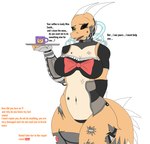 big_breasts breasts clothed clothing container cup dialogue duo female female/female fur machine maid_uniform orange_body orange_fur robotic_reveal simple_background tail text thick_thighs uniform wide_hips wounded photolol.03 mythology katty_(photolol.03) robo-dragon-maid_(photolol.03) dragon mythological_creature mythological_scalie robot scalie broken english_text hi_res