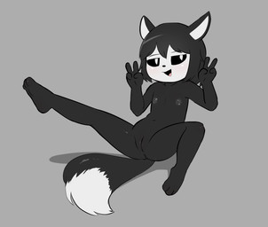 3_toes anthro black_body black_eyes black_hair double_v_sign feet female fluffy fluffy_tail genitals gesture hair hand_gesture loli looking_at_viewer navel nipples nude nude_anthro pupils smug soles solo spread_legs spreading tail toes v_sign vulva white_face white_pupils young e254e woolffy_(woolffy) canid canine mammal hi_res