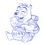 anthro backpack eating eyes_closed fangs food honey_(food) honey_pot male open_mouth pawpads simple_background solo teeth tongue white_background young young_anthro unknown_artist great_wolf_lodge the_great_wolf_pack:_a_call_to_adventure brinley_bear bear mammal 2022 blue_and_white monochrome sketch