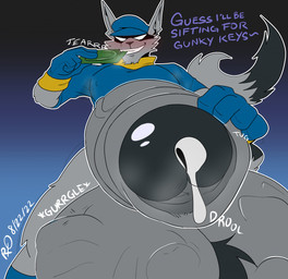 anthro balls big_balls big_penis bodily_fluids cock_vore condom_wrapper cum cum_drip cum_vore dialogue digestion dripping erection first_person_view foreskin fur genital_fluids genitals glans grey_body grey_fur huge_balls huge_penis humanoid_genitalia humanoid_penis hyper hyper_balls hyper_genitalia hyper_penis imminent_vore low-angle_view male male_pred penile penis same_size_vore text threatening_vore vein veiny_penis vore rxq sly_cooper_(series) sony_corporation sony_interactive_entertainment sucker_punch_productions sly_cooper mammal procyonid raccoon hi_res