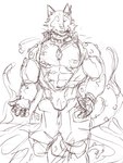abs absurd_res anthro breke_(tas) canid canine canis chest_gem clothing eyeless eyeless_face gem hi_res jumpsuit licking licking_lips lifewonders male mammal muscular muscular_male navel pecs solo tenctacles tentacles tokyo_afterschool_summoners tongue tongue_out wolf yunu38 zipper