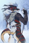 anthro butt day detailed_background fingers fur hair male outside red_eyes snow solo standing teeth white_hair kaerufrog mammal 2021 digital_media_(artwork) hi_res