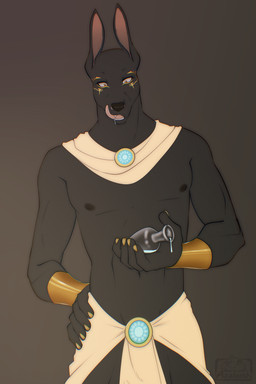 anthro black_body black_fur bracelet facial_markings fingernails fur gold_(metal) gold_bracelet gold_bracers gold_fingernails gold_jewelry gold_nails head_markings jewelry male markings nails nipples potion_bottle solo teeth_showing tongue tongue_out yellow_eyes azaleesh anubian_jackal canid canine canis jackal mammal 2:3 absurd_res hi_res
