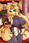 anthro arm_between_legs big_breasts blonde_hair breasts clothing female fur fur_markings green_eyes hair long_hair looking_at_viewer markings night nipples_visible_through_clothing shy side_boob sitting smile solo striped_body striped_fur stripes sweater text topwear virgin_destroyer_sweater yumiiefox meme_clothing mihoyo zenless_zone_zero pulchra_fellini felid feline mammal hi_res meme url