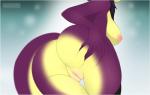 anthro breasts butt butt_focus butt_squish female genitals holding_butt nipples nude purple_body purple_skin pussy rear_view side_boob solo squish tan_body tan_skin yellow_body yellow_skin nutlety tohtori_crow lepa bat mammal hi_res wallpaper