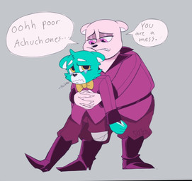 amputee anthro blue_body bodily_fluids bow_tie dialogue disability duo hug hugging_another hugging_from_behind humanoid_hands overweight pink_body sad tears text sketchyvillain unicorn_wars achuchones_(unicorn_wars) gordi_(unicorn_wars) bear mammal 2023 english_text