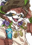 aloha_shirt anthro black_body black_fur brown_body brown_fur clothing fangs flower_accessory flower_necklace fur hat headgear headwear holding_glass holding_object kemono male multicolored_body multicolored_fur pattern_clothing pattern_shirt pattern_topwear shirt simple_background solo teeth text topwear whiskers white_background white_body white_fur yellow_eyes ao_gravity guardians_of_the_galaxy marvel marvel_rivals rocket_raccoon mammal procyonid raccoon 2025 absurd_res english_text hi_res