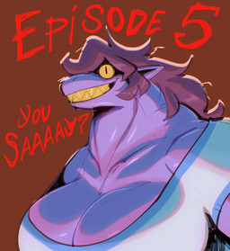anthro big_neck biped breasts cleavage clothed clothing dialogue female glistening glistening_body hair huge_neck muscular pupils sharp_teeth simple_background slit_pupils smile smirk solo standing teeth text thick_neck topwear yellow_sclera yellow_teeth bigdad deltarune undertale_(series) susie_(deltarune) scalie