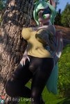 anthro anthrofied bat_wings biped blush bottomwear breasts bulge clothed clothing dappled_light erection fully_clothed green_eyes gynomorph hand_on_breast hand_on_bulge holding_bulge intersex komorebi membrane_(anatomy) membranous_wings pants plant pupils shadow slit_pupils solo tree wings rinny hasbro my_little_pony bat_pony equid mammal 3d_(artwork) digital_media_(artwork) hi_res portrait three-quarter_portrait trans_(lore) trans_woman_(lore)