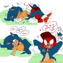 anthro baseball_cap bed big_clitoris blue_body blush bodily_fluids clitoris clothing cropped_hoodie cunnilingus drooling duo ear_blush erect_clitoris footwear furniture genitals gloves green_eyes gynomorph hand_on_leg handwear hat headgear headwear intersex intersex/male lying_and_blow_position male on_bed open_mouth open_smile oral purple_eyes red_body saliva sex shoes smile tongue vaginal yellow_clothing mitarashi sega sonic_the_hedgehog_(series) knuckles_the_echidna sonic_the_hedgehog echidna eulipotyphlan hedgehog mammal monotreme 1:1 2017 hi_res trans_(lore)