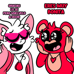 anthro black_eyes collar duo female male red_body simple_background text white_background white_body rocketlennon mob_entertainment nightmare_critters poppy_playtime smiling_critters bobby_bearhug rabie_baby_(poppy_playtime) bat bear mammal spanish_text