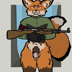 anthro balls big_ears big_tail bottomless brown_body brown_eyes brown_fur brown_pubes canid canine clothed clothing erection flaccid fluffy fluffy_tail foreskin fox fur genitals gloves grin gun handwear holding_object holding_weapon humanoid_genitalia humanoid_penis inner_ear_fluff looking_at_viewer makeup male mammal navel orange_body orange_fur penis pinup pose pubes ranged_weapon red_fox rifle sharp_teeth simple_background skitterzo smile solo tail tan_balls tan_penis teeth thigh_up true_fox tuft vein veiny_penis weapon