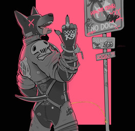 anthro bodily_fluids chain_accessory clothed clothing fully_clothed genital_fluids genitals gesture hand_gesture jacket latex latex_clothing latex_mask leather leather_clothing leather_jacket leather_topwear looking_at_viewer male mask middle_finger overalls peeing penis penis_tip pink_background pose simple_background skull_symbol smile solo tail text three-quarter_view tongue tongue_out topwear urine hacony canid canine humanoid mammal 2024 english_text hi_res pinup