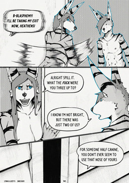 anthro breasts dialogue duo female fur hair male male/female nipples nude open_mouth profanity simple_background speech_bubble stripes text arcsuh lizzy_(arcsuh) lynn_(arcsuh) canid canine equid equine hybrid mammal zebra black_and_white comic digital_media_(artwork) english_text greyscale hi_res monochrome brother_(lore) sibling_(lore) sister_(lore)