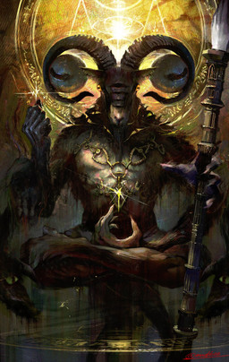 5_fingers crossed_legs curved_horn fingers fur horizontal_pupils horn looking_at_viewer male pupils solo staff maddoz elden_ring elden_ring_nightreign fromsoftware libra_creature_of_night bovid caprine goat mammal hi_res painting_(artwork) portrait